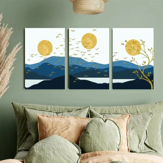 3pcs Mustard & Blue Landscape Metal Print Ready to Hang Art