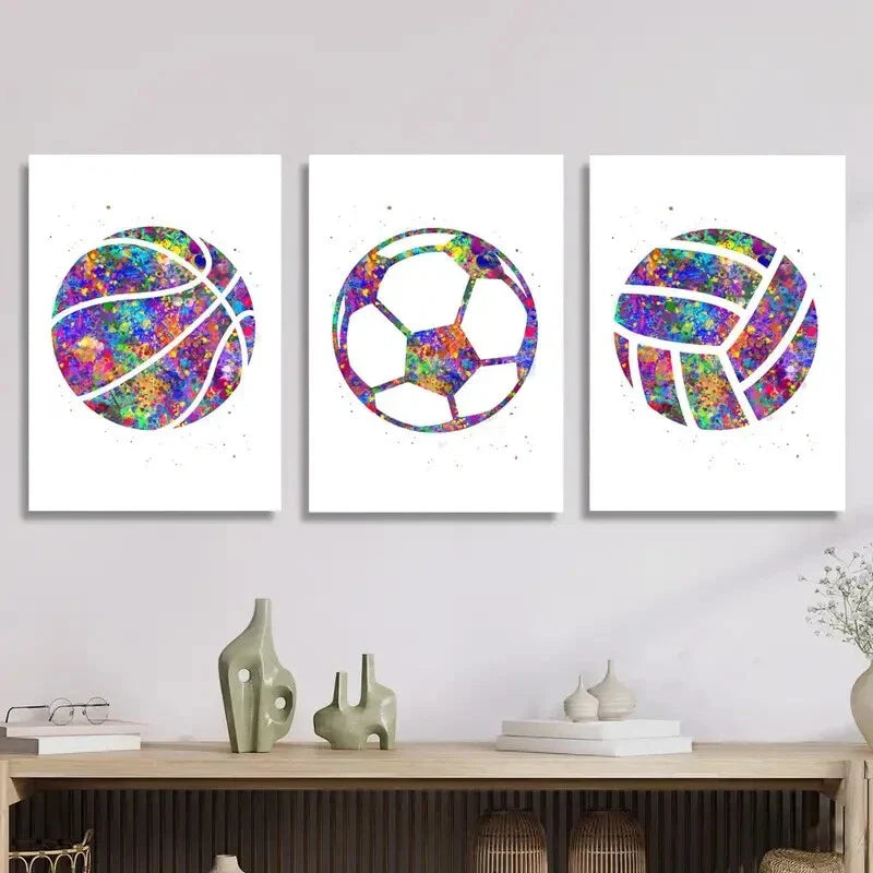 3pcs Basketball, Volleyball & Soccer Colorful  Art Metal Print Ready to Hang Art