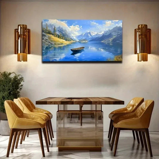 Serene Mountain Lake Scene Wall Art Canvas Office Home Room Framed 120x60cm