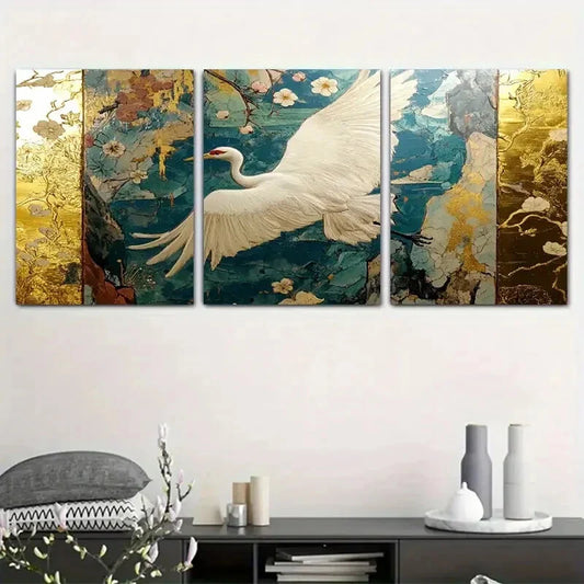 3pcs Elegant White Swan with Golden Wings Metal Print Ready to Hang Art