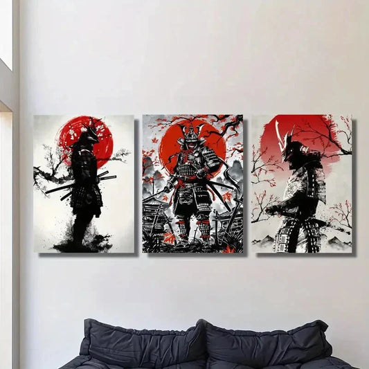 3pcs Japanese style, samurai, sun, ink painting Metal Print Ready to Hang Art