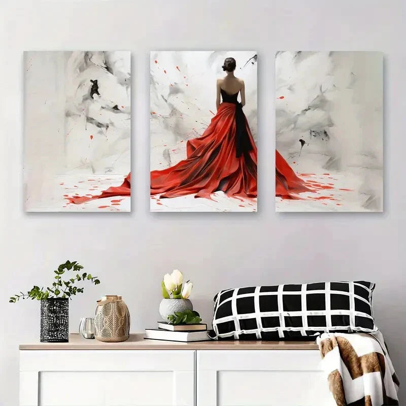 3pcs Elegant Red Dress Woman Abstract Metal Print Ready to Hang Art