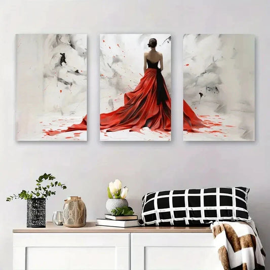 3pcs Elegant Red Dress Woman Abstract Metal Print Ready to Hang Art
