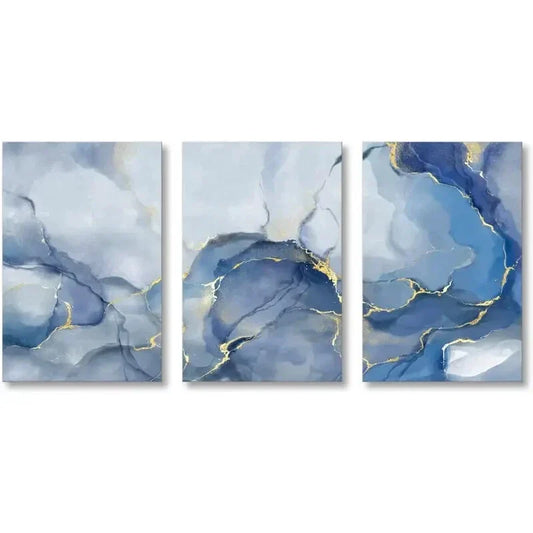 3pcs  Blue and Golden Abstract Metal Print Ready to Hang Art