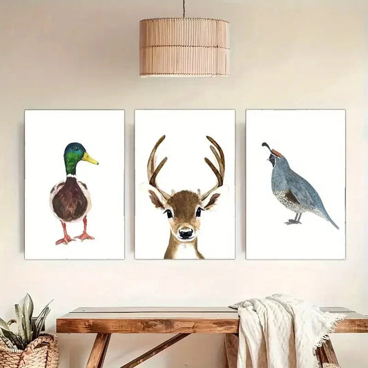 3pcs Duck Bird & Deer Modern Neutral Background Metal Print Ready to Hang Art