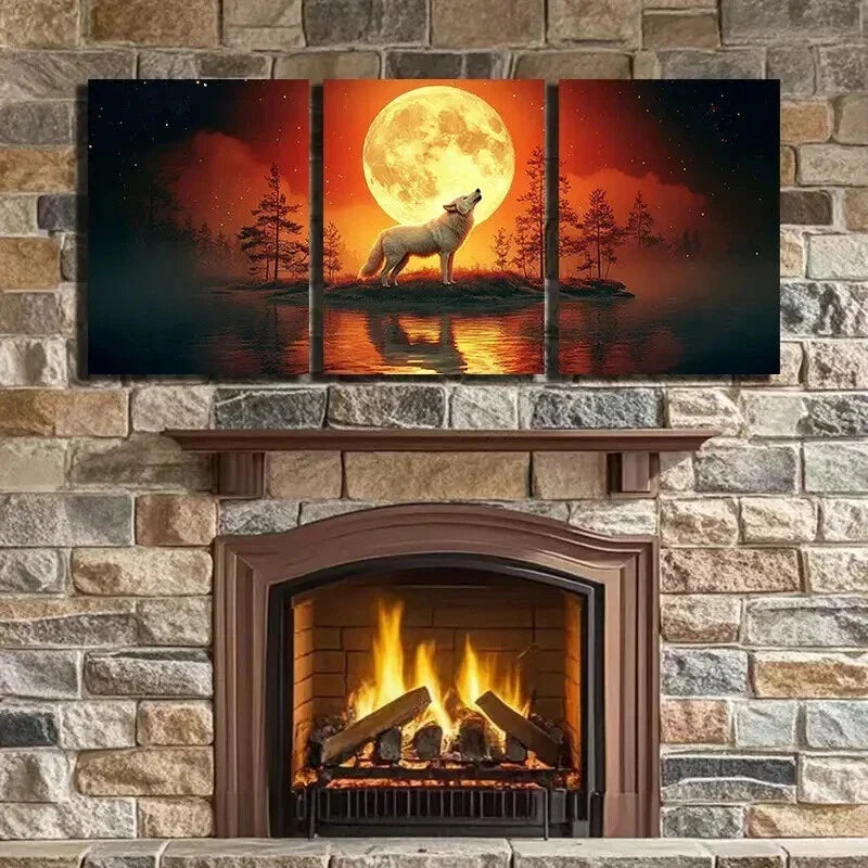 3pcs Howling Wolf on Moonlit Night Wall Art Set Canvas Framed 40x60cm - High Quality Print 100% Australian Made Wall Canvas Ready to Hang