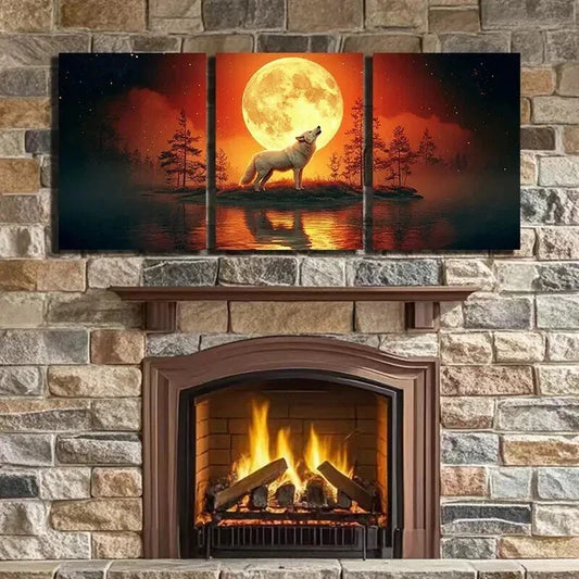 3pcs Howling Wolf on Moonlit Night Wall Art Set Canvas Framed 40x60cm - High Quality Print 100% Australian Made Wall Canvas Ready to Hang