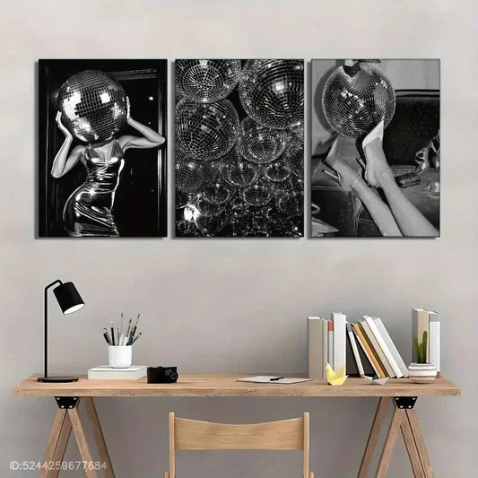 3pcs Black and White Disco Ball Modern Abstract Metal Print Ready to Hang Art