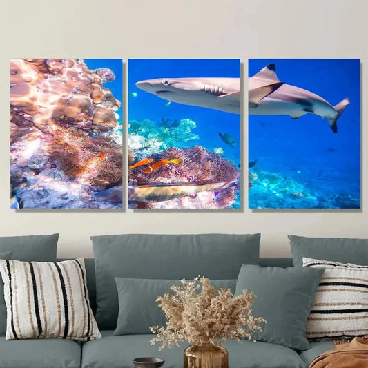 3pcs Vibrant Ocean Reef Scene with Shark Metal Print Ready to Hang Art