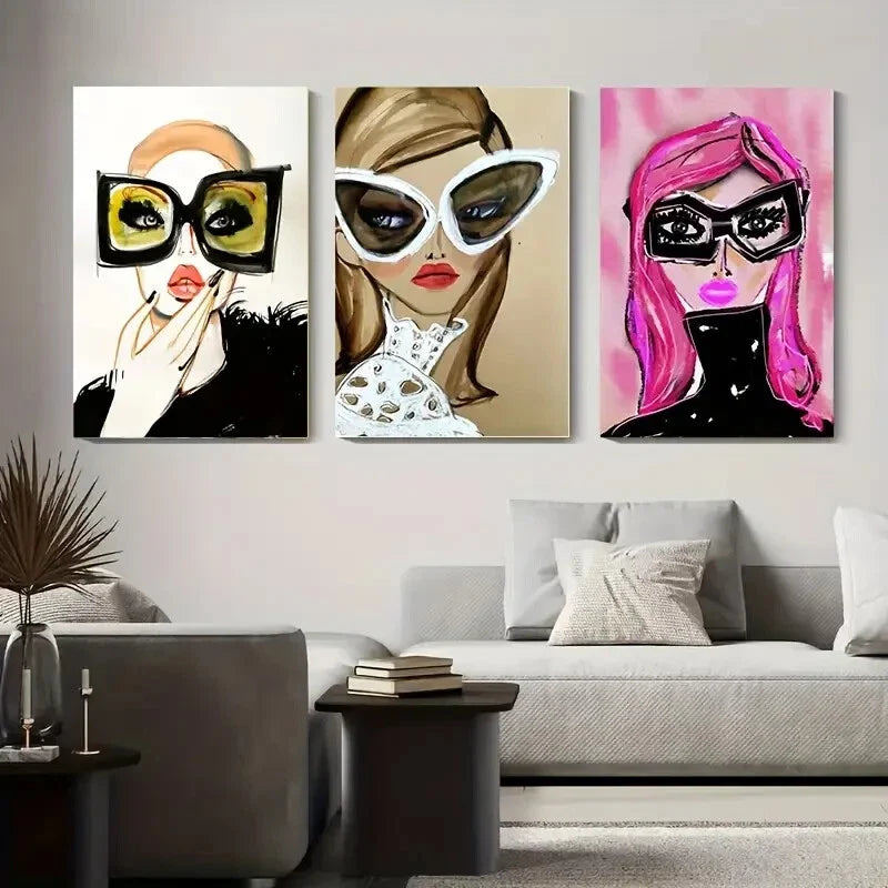 3pcs  Stylish Women with Large Fashion Glasses Wall Art Set Canvas Framed 40x60cm - High Quality Print 100% Australian Made Wall Canvas Ready to Hang