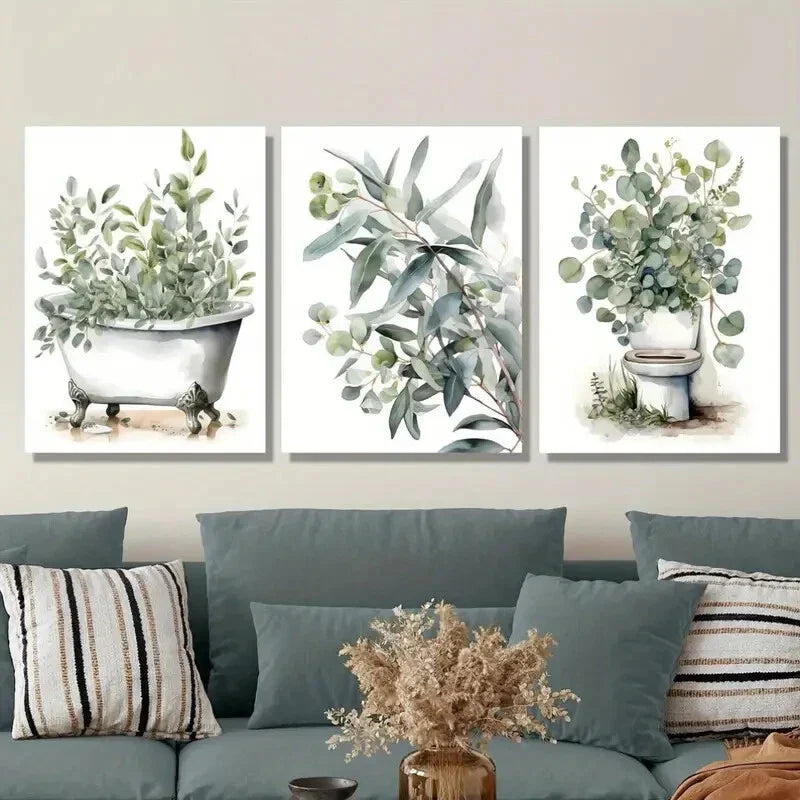 3pcs Botanical Bathroom Watercolor Murals Metal Print Ready to Hang Art