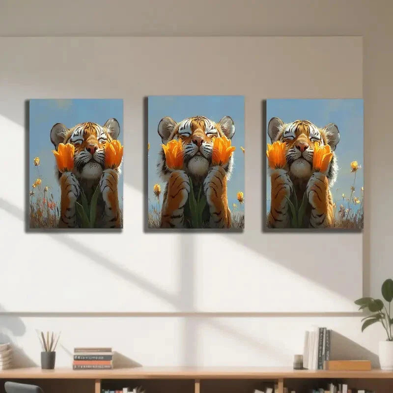3pcs Playful Tiger Cubs with Vibrant Orange Tulips Metal Print Ready to Hang Art