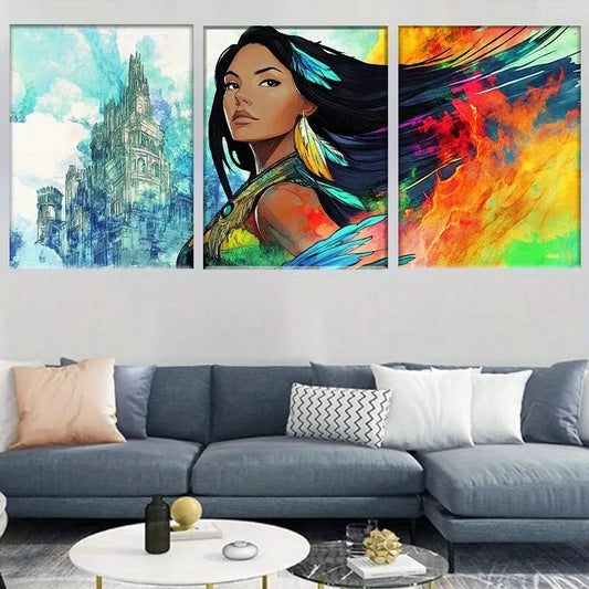 3pcsColorful Native Woman with Feathers  Wall Art Set Canvas Framed 40x60cm - High Quality Print 100% Australian Made Wall Canvas Ready to Hang