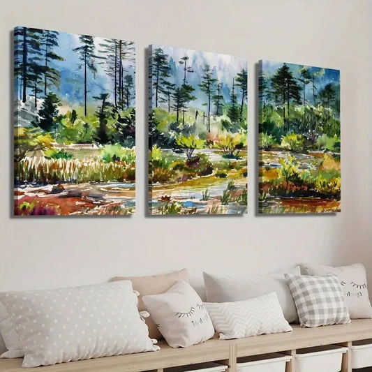 3pcs Pine Trees & Stream Illustration Landscape Wall Art Set Canvas Framed 40x60cm - High Quality Print 100% Australian Made Wall Canvas Ready to Hang
