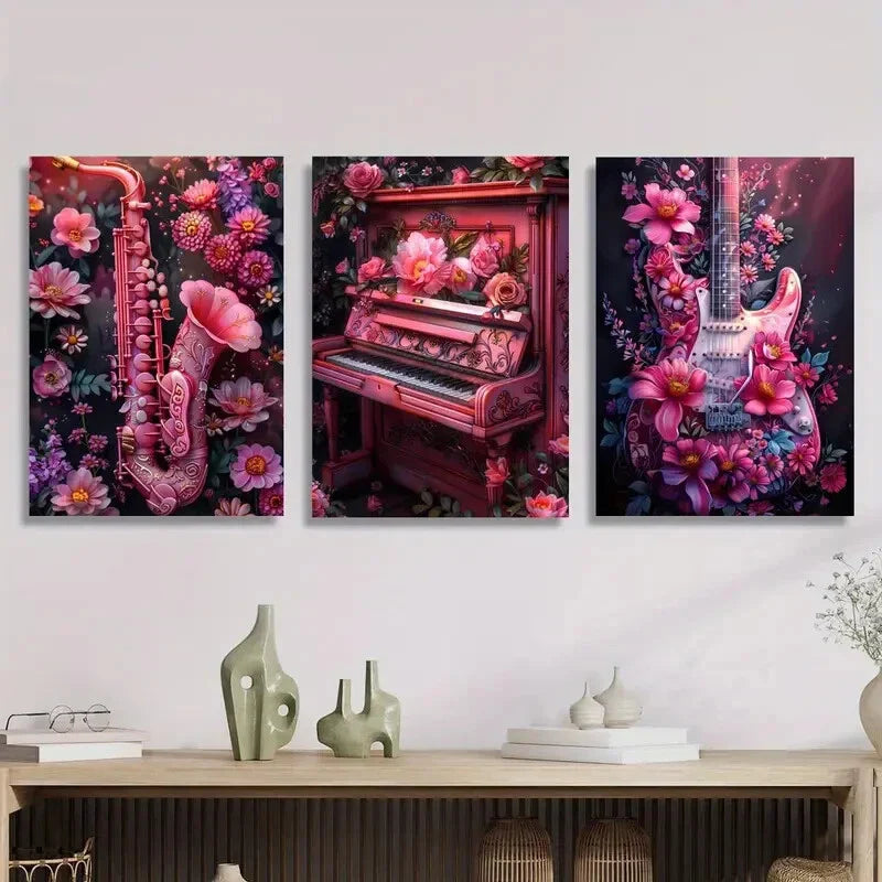 3pcs Pink Flowers, a Saxophone, a Guitar, And Metal Print Ready to Hang Art