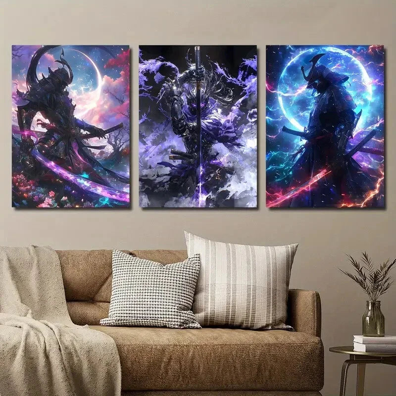 3pcs Japanese Samurai Galaxy Fantasy World Metal Print Ready to Hang Art
