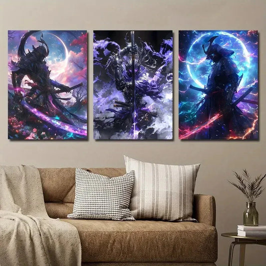 3pcs Japanese Samurai Galaxy Fantasy World Metal Print Ready to Hang Art