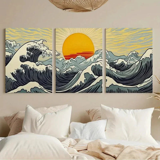 3pcs Japanese Style Moon & Ocean Waves Metal Print Ready to Hang Art