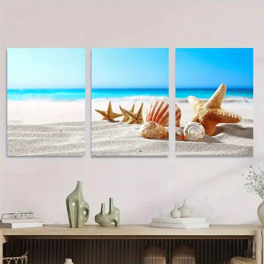 3pcs Coastal Decor with Starfish & Seashells Metal Print Ready to Hang Art