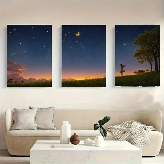 3pcs A Silhouette of a Girl Standing White Wolf Metal Print Ready to Hang Art