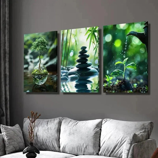 3pcs Tree Stacked Stones & Sapling Watering Wall Art Set Canvas Framed 40x60cm - High Quality Print 100% Australian Made Wall Canvas Ready to Hang
