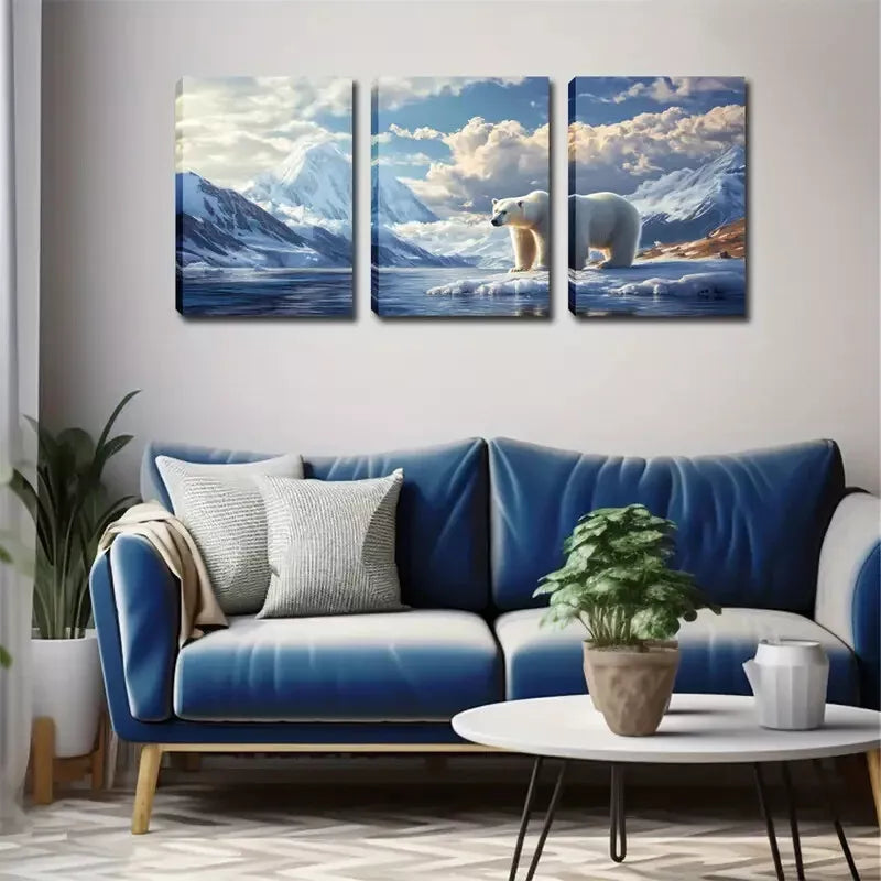3pcs Polar Bear on Ice  Wall Art Set Canvas Framed 40x60cm - High Quality Print 100% Australian Made Wall Canvas Ready to Hang