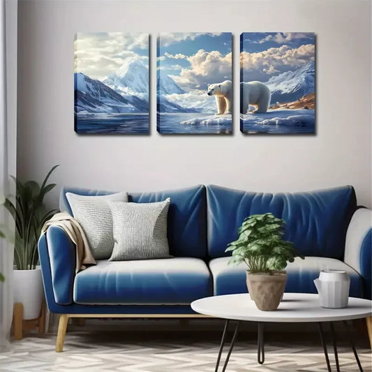 3pcs Polar Bear on Ice  Wall Art Set Canvas Framed 40x60cm - High Quality Print 100% Australian Made Wall Canvas Ready to Hang