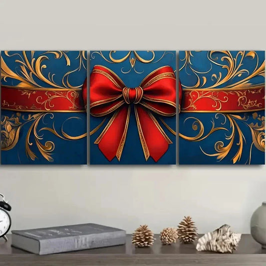 3pcs Modern Golden Red Bow Deco Classic Metal Print Ready to Hang Art
