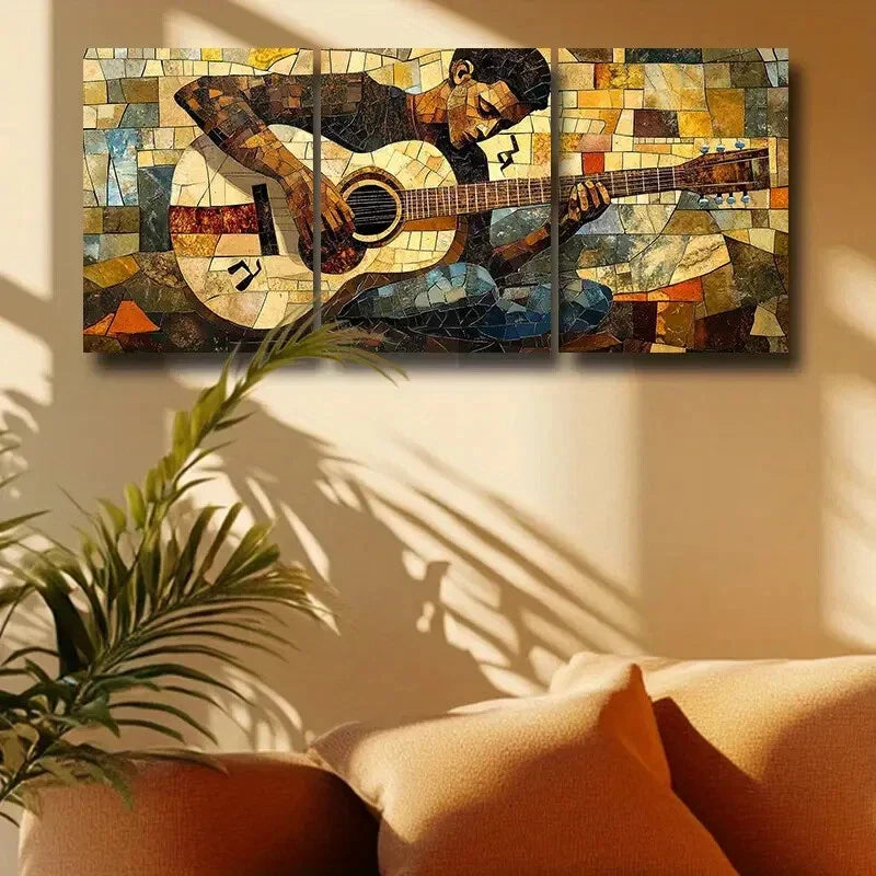 3pcs Vibrant Modern Mosaic Guitar Design Metal Print Ready to Hang Art
