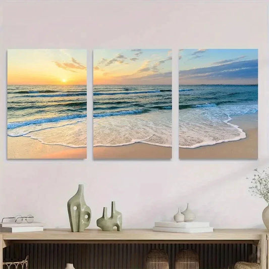 3pcs Beach Sunset Vibrant Colors, Modern Metal Print Ready to Hang Art