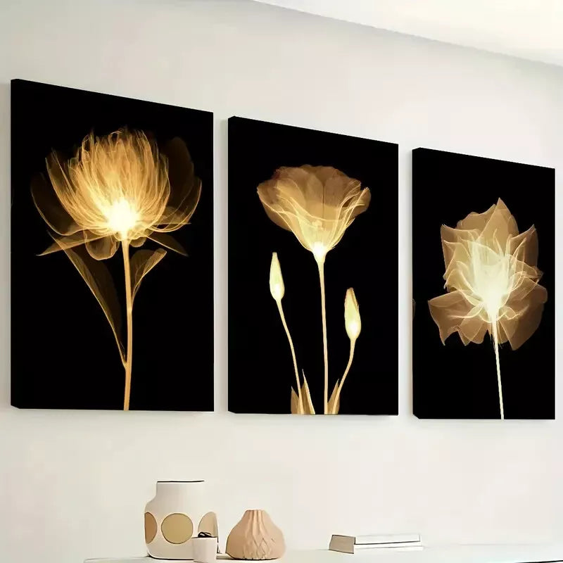 3pcs Warm Golden Flowers, Natural Plants Black Wall Art Set Canvas Framed 40x60cm - High Quality Print 100% Australian Made Wall Canvas Ready to Hang