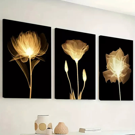 3pcs Warm Golden Flowers, Natural Plants Black Wall Art Set Canvas Framed 40x60cm - High Quality Print 100% Australian Made Wall Canvas Ready to Hang
