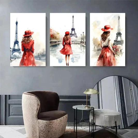 3pcs Paris Eiffel Tower Watercolor Woman in Red Metal Print Ready to Hang Art