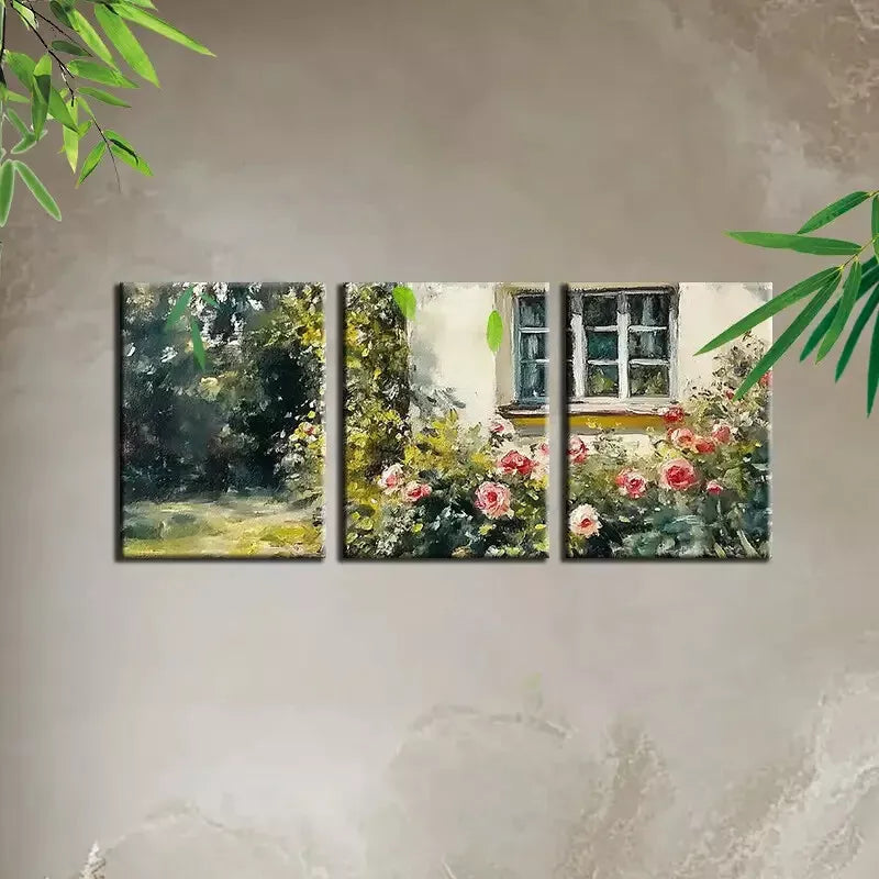 3pcs  Retro Beautiful Garden with Floral Painting Wall Art Set Canvas Framed 40x60cm - High Quality Print 100% Australian Made Wall Canvas Ready to Hang