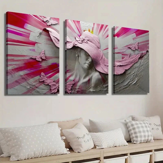 3pcs Woman Wearing a Hat and Butterflies Wall Art Set Canvas Framed 40x60cm - High Quality Print 100% Australian Made Wall Canvas Ready to Hang
