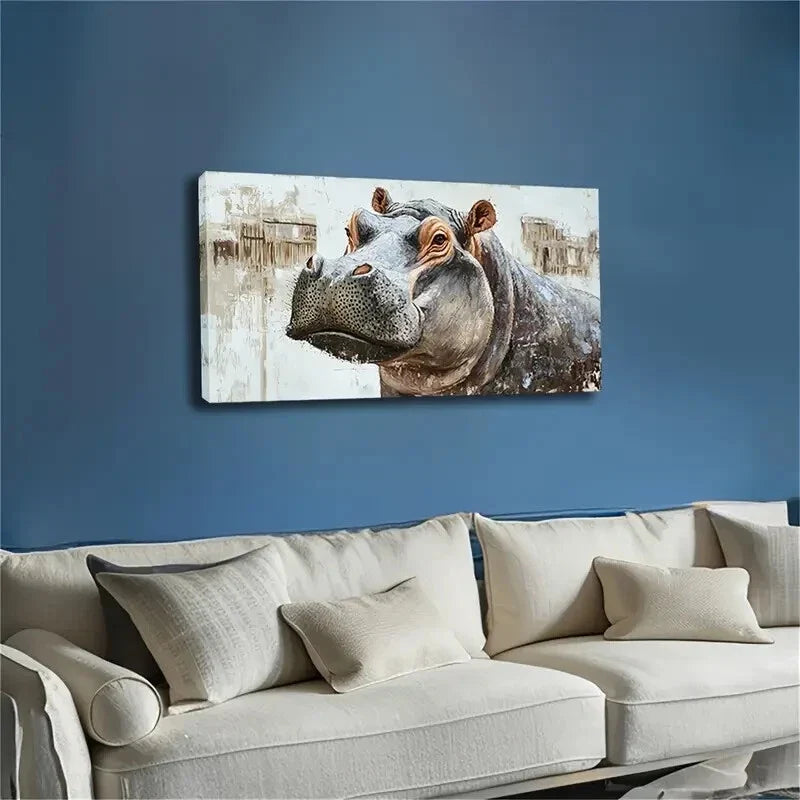 Majestic Hippo Minimalist Wall Art Canvas Office Home Room Framed 80x45cm