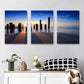 3pcs Sunset Beach Pillars Vibrant Blue & Orange Metal Print Ready to Hang Art