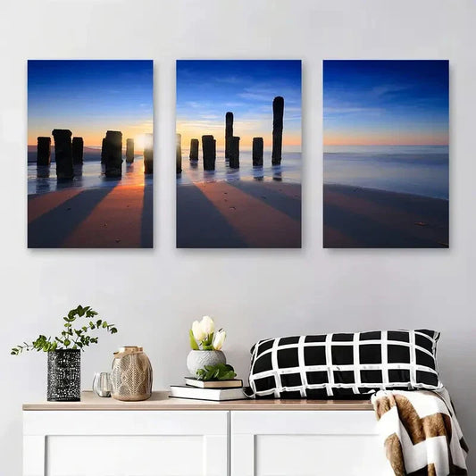 3pcs Sunset Beach Pillars Vibrant Blue & Orange Metal Print Ready to Hang Art