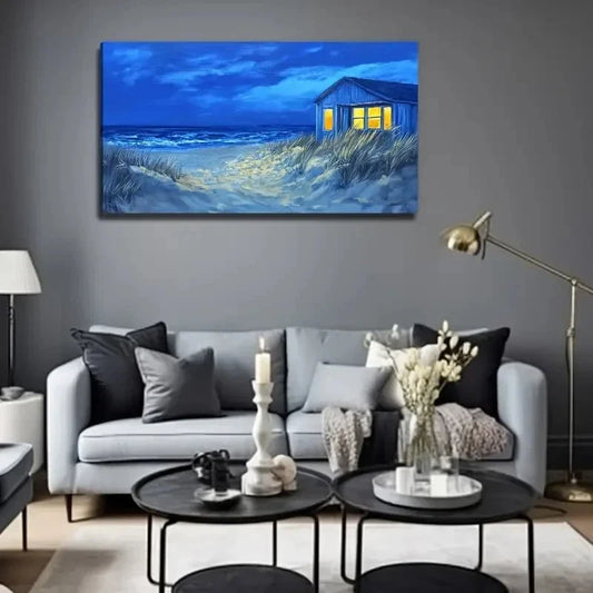 Nighttime Beach House Scene Wall Art Canvas Office Home Room Framed 80x45cm