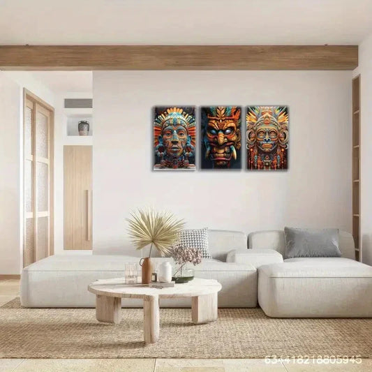 3pcs Indigenous Mask Huchiol, Indigenous Tribe Metal Print Ready to Hang Art