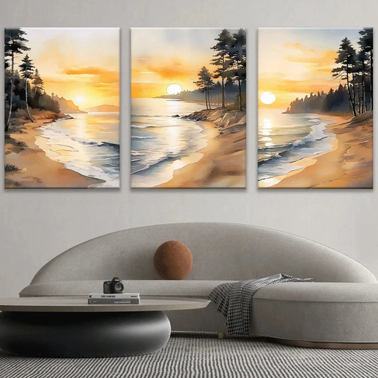 3pcs Beautiful Beach with Pine Trees on The Shore Metal Print Ready to Hang Art