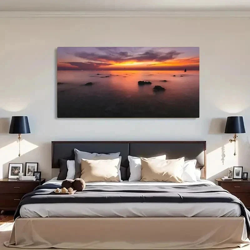 Serene Ocean Sunset Vintage Wall Art Canvas Office Home Room Framed 80x45cm