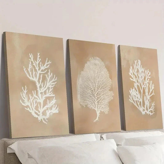 3pcs Beige coral art, seaweed botanical painting  Wall Art Set Canvas Framed 40x60cm - High Quality Print 100% Australian Made Wall Canvas Ready to Hang