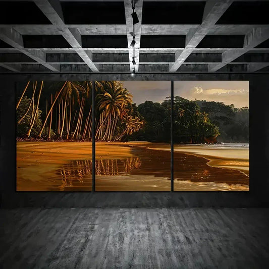 3pcs Golden Fireworks Reflected On The Beach Metal Print Ready to Hang Art