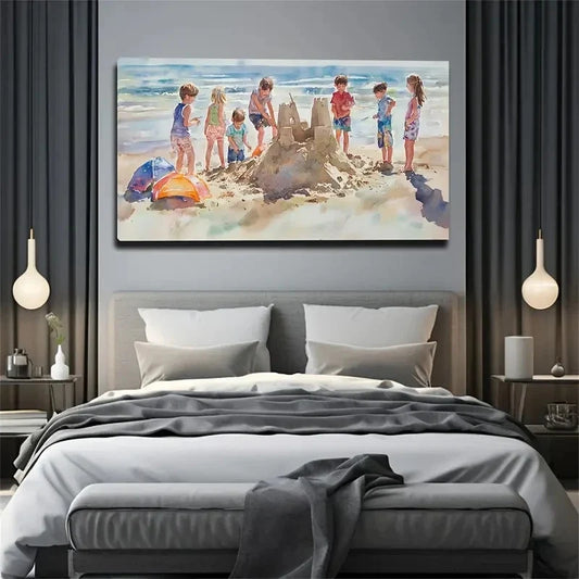 Children Accumulate Sand Castle Wall Art Canvas Office Home Room Framed 80x45cm