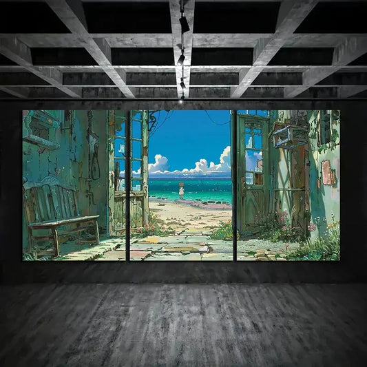 3pcs Rustic Beach View Blue Sky and White Clouds Metal Print Ready to Hang Art