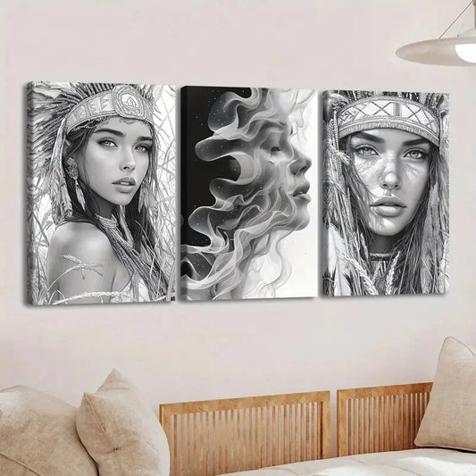 3pcs Elegant Abstract Ladies Gray & White Native Wall Art Set Canvas Framed 40x60cm - High Quality Print 100% Australian Made Wall Canvas Ready to Hang