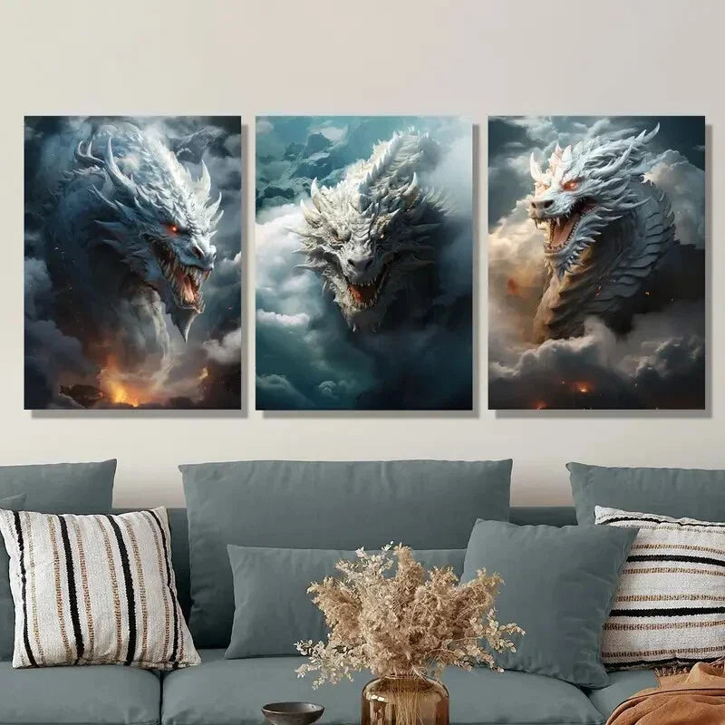 3pcs Flying dragon on the clouds, fantasy  Metal Print Ready to Hang Art