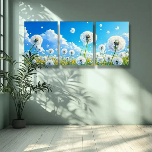 3pcs White dandelion Painting Wall Art Set Canvas Framed 40x60cm - High Quality Print 100% Australian Made Wall Canvas Ready to Hang
