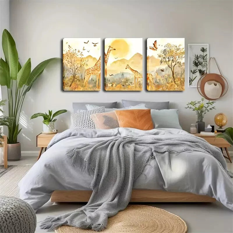 3pcs Products, Sunsets, Giraffes  Wall Art Set Canvas Framed 40x60cm - High Quality Print 100% Australian Made Wall Canvas Ready to Hang